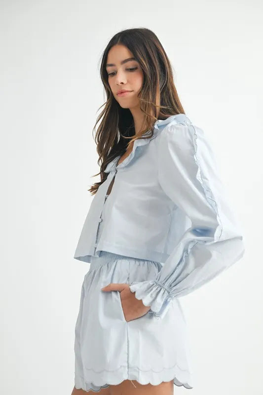 Scallop Trim Blouse and Shorts Set in Light Blue in Lt Blue