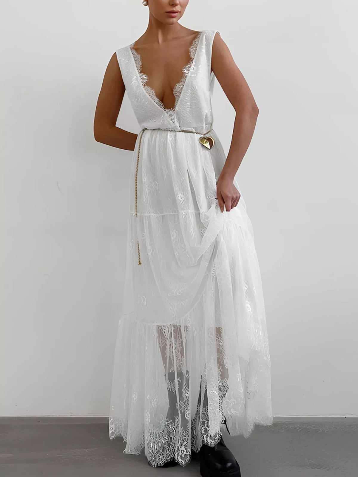 Lace Deep V-Neck Backless Maxi Dress
