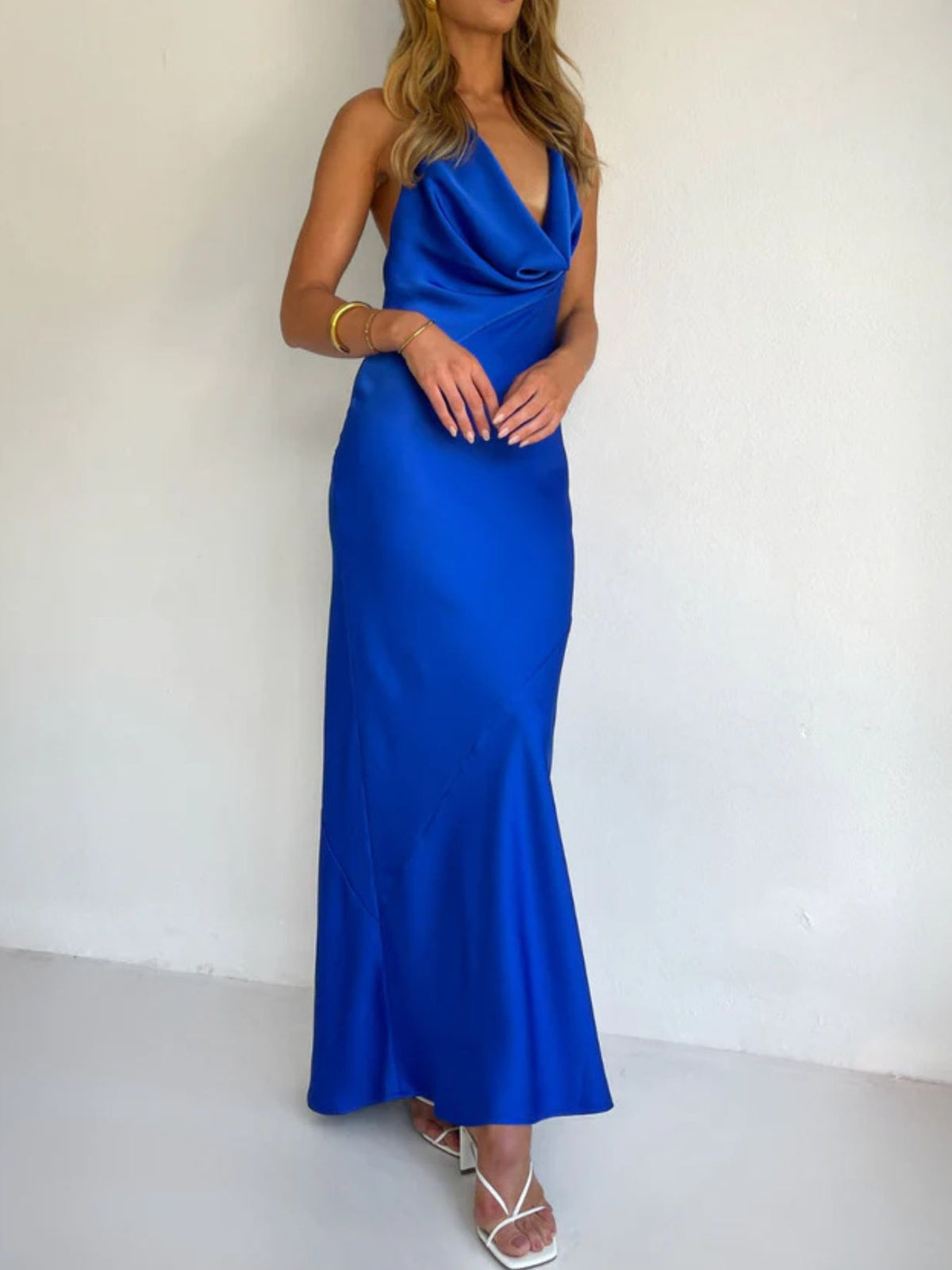 Halter Neck Ruched Satin Maxi Dress