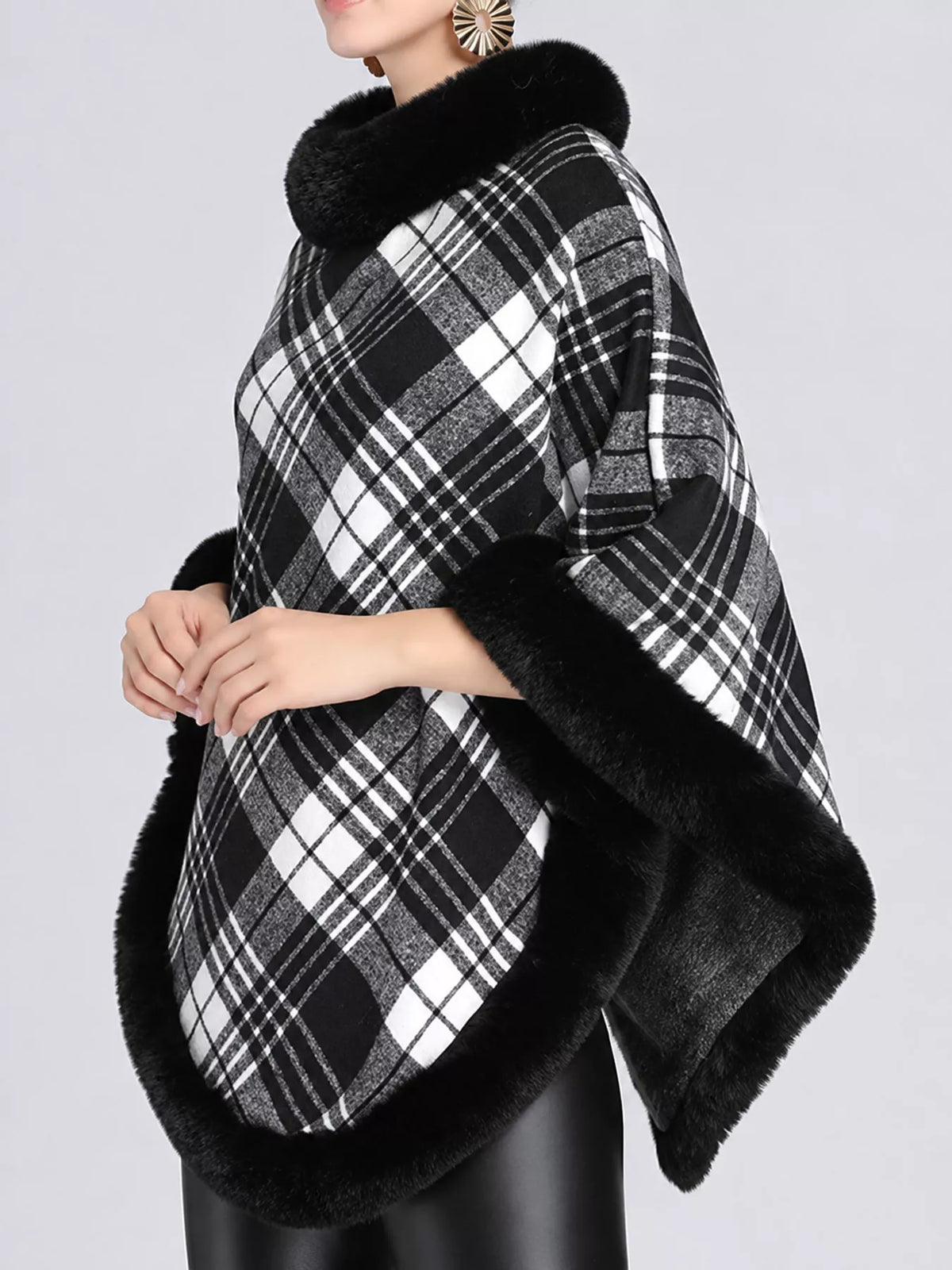 Plaid Faux Fur Trim Poncho Cape