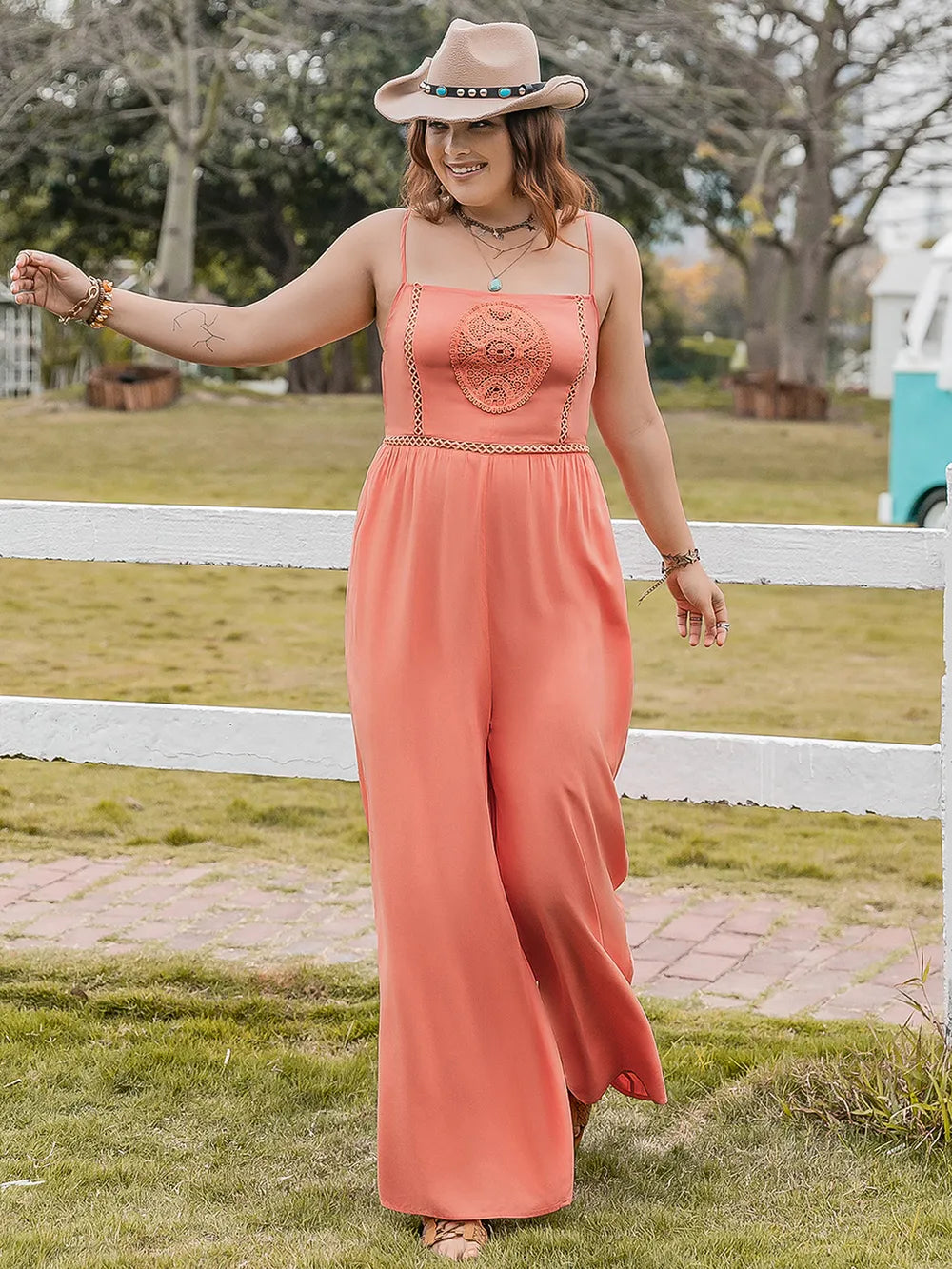 Lace Detail Wide Leg Jumpsuit in Orange