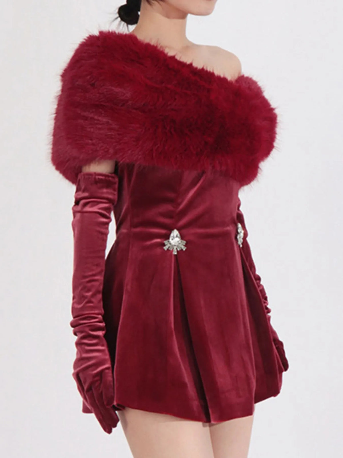Fuzzy Off-Shoulder Mini Dress in Red