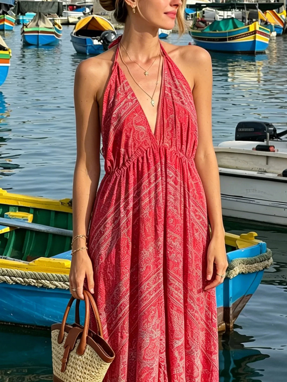 Tiered Halter Neck Maxi Dress in Deep Rose
