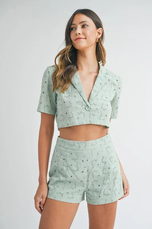 Eyelet Crop Top and Shorts Set in Mint