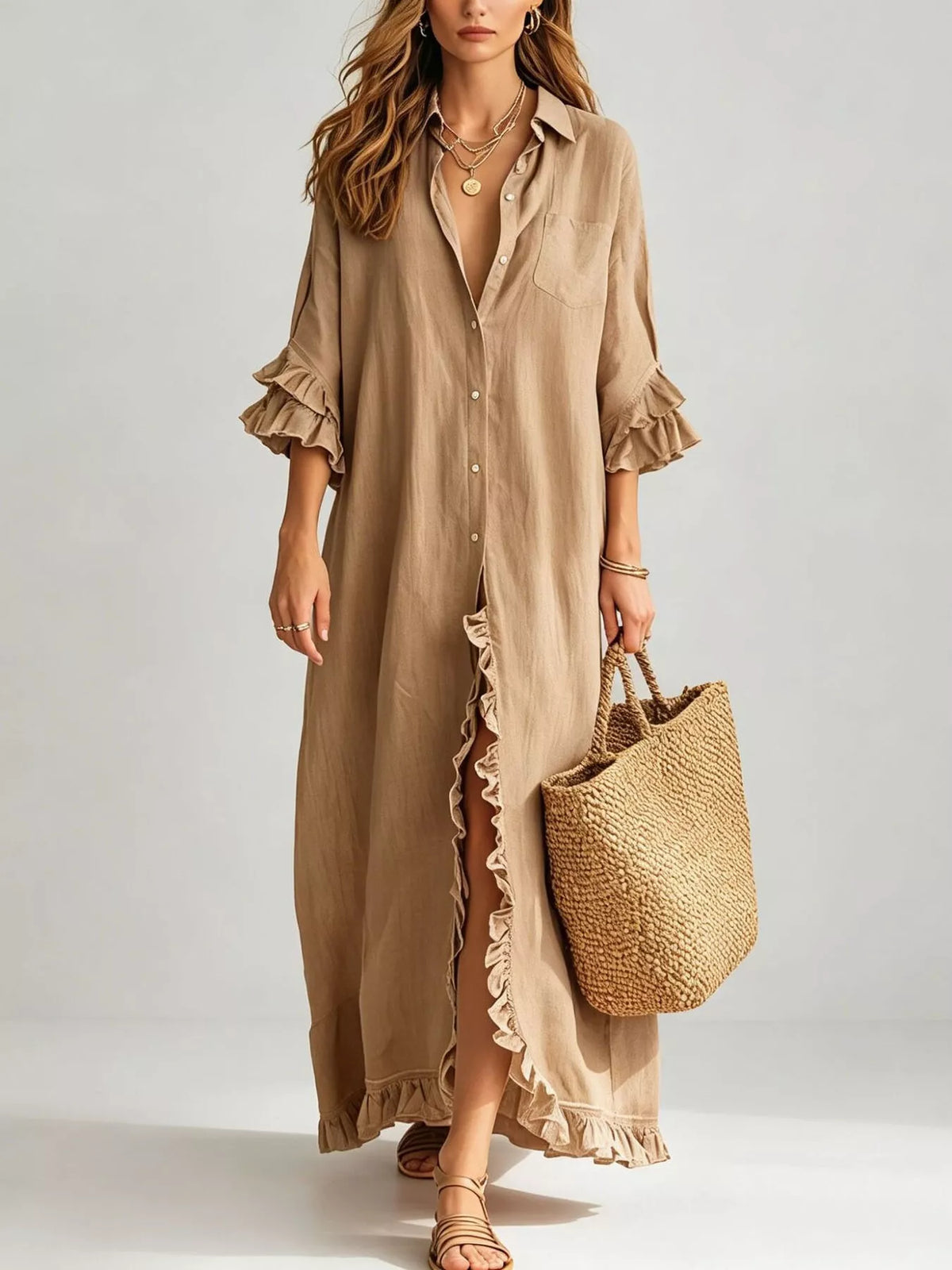 Ruffled Trim Button-Down Maxi Shirt Dress