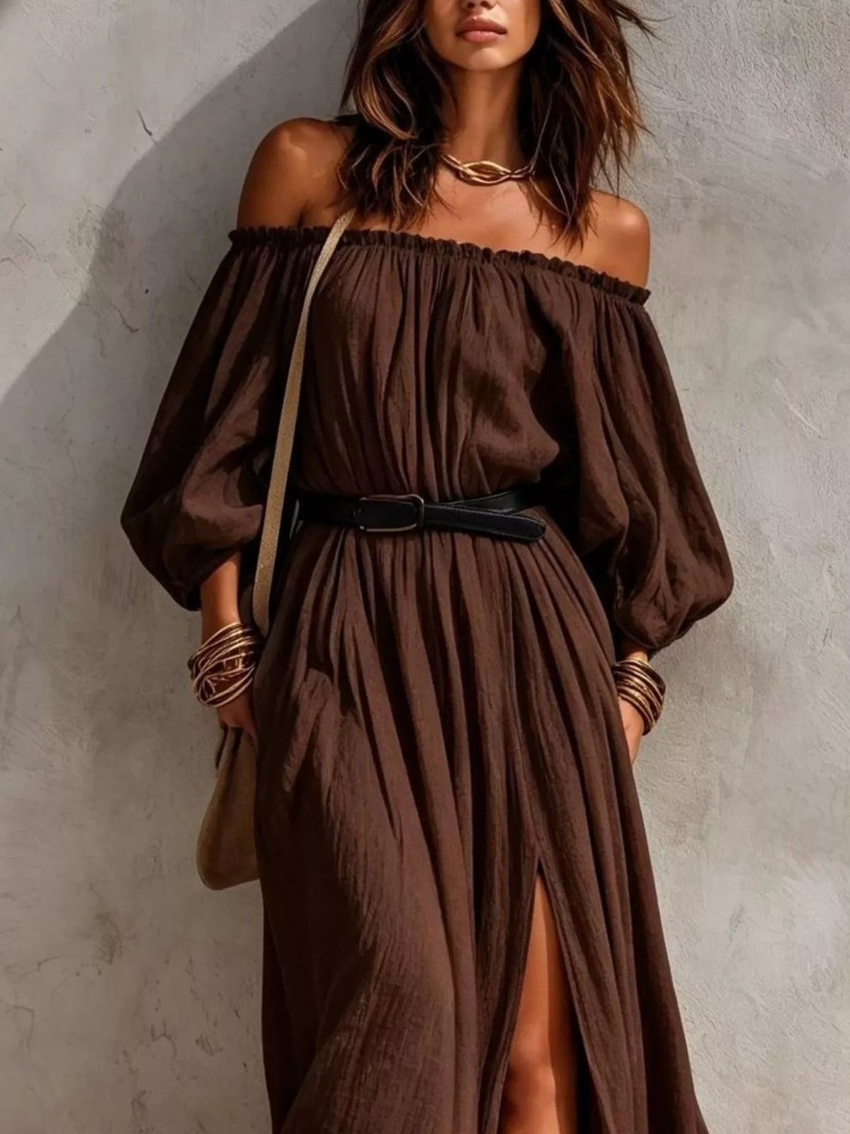 Boho Off-Shoulder Maxi Dress with Side Slit