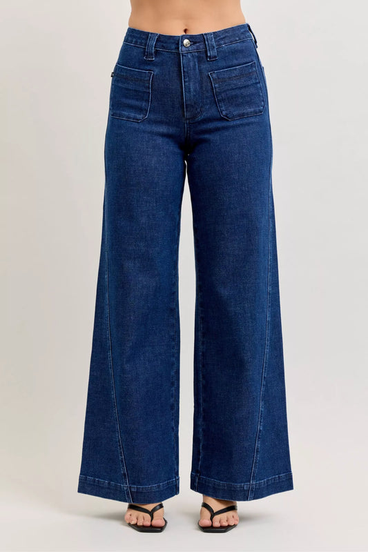 Judy Blue Retro Wide Leg Jeans with Twisted Seams in Dark Wash in Dk