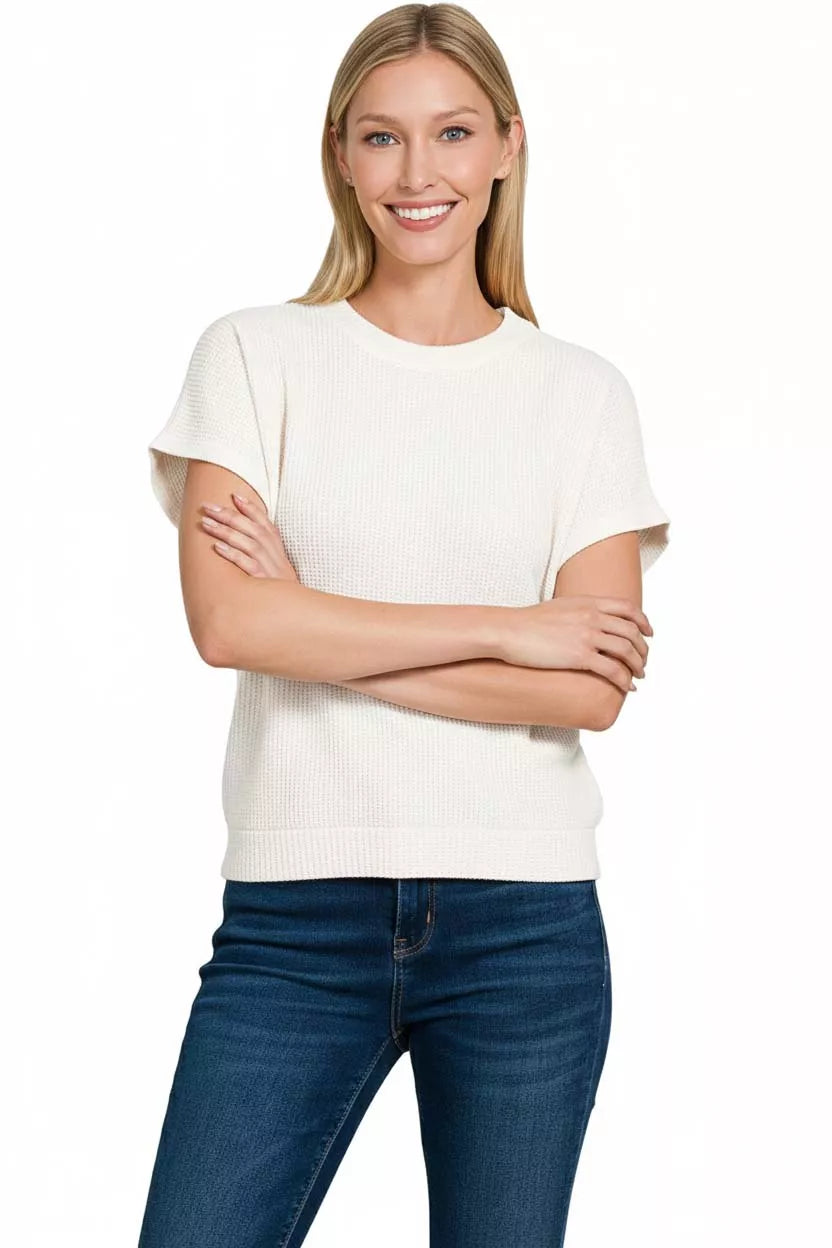 Zenana Banded Button Short Sleeve Sweater in Off White