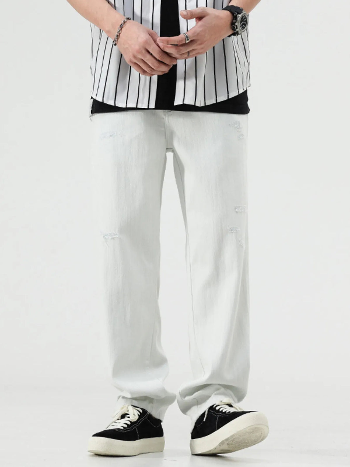 Men's Distressed Relaxed Fit Jeans in White by Fine Tune