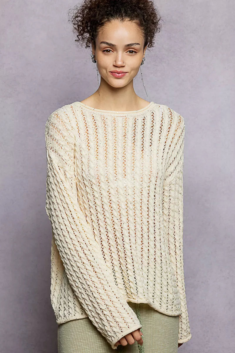 Openwork Round Neck Knit Top in Natural by POL