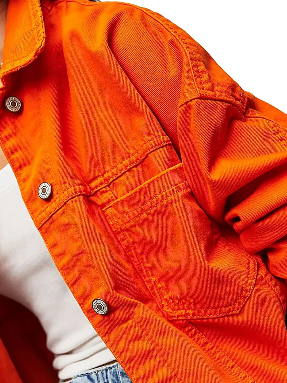 Button Up Long Sleeve Denim Jacket in Orange by Dreamy Drapes