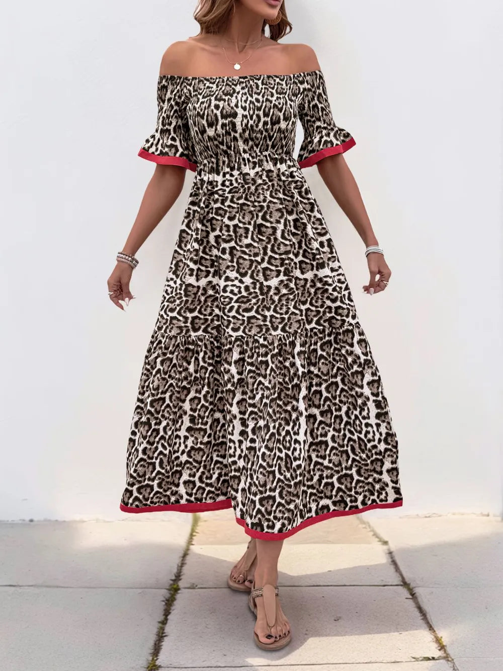 Leopard Off-Shoulder Flounce Sleeve Midi Dress