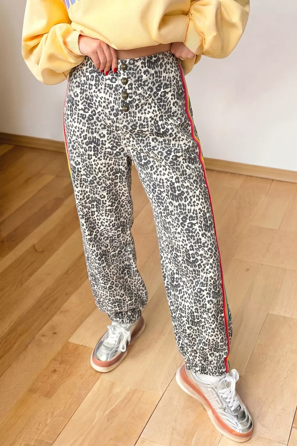 Rainbow Striped Jogger Jeans in Leopard