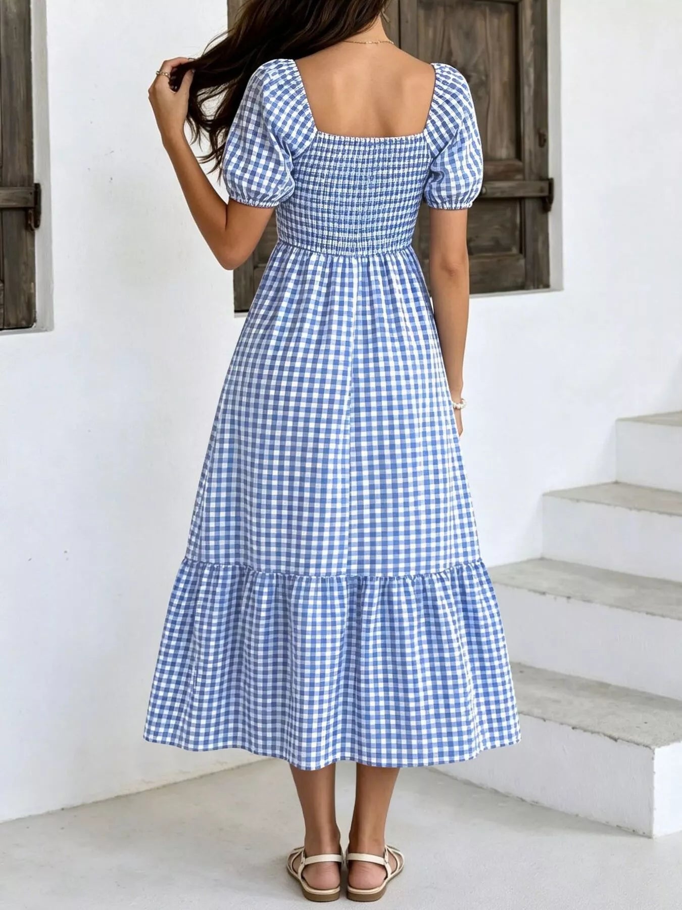 Gingham Smocked Puff Sleeve Midi Dress