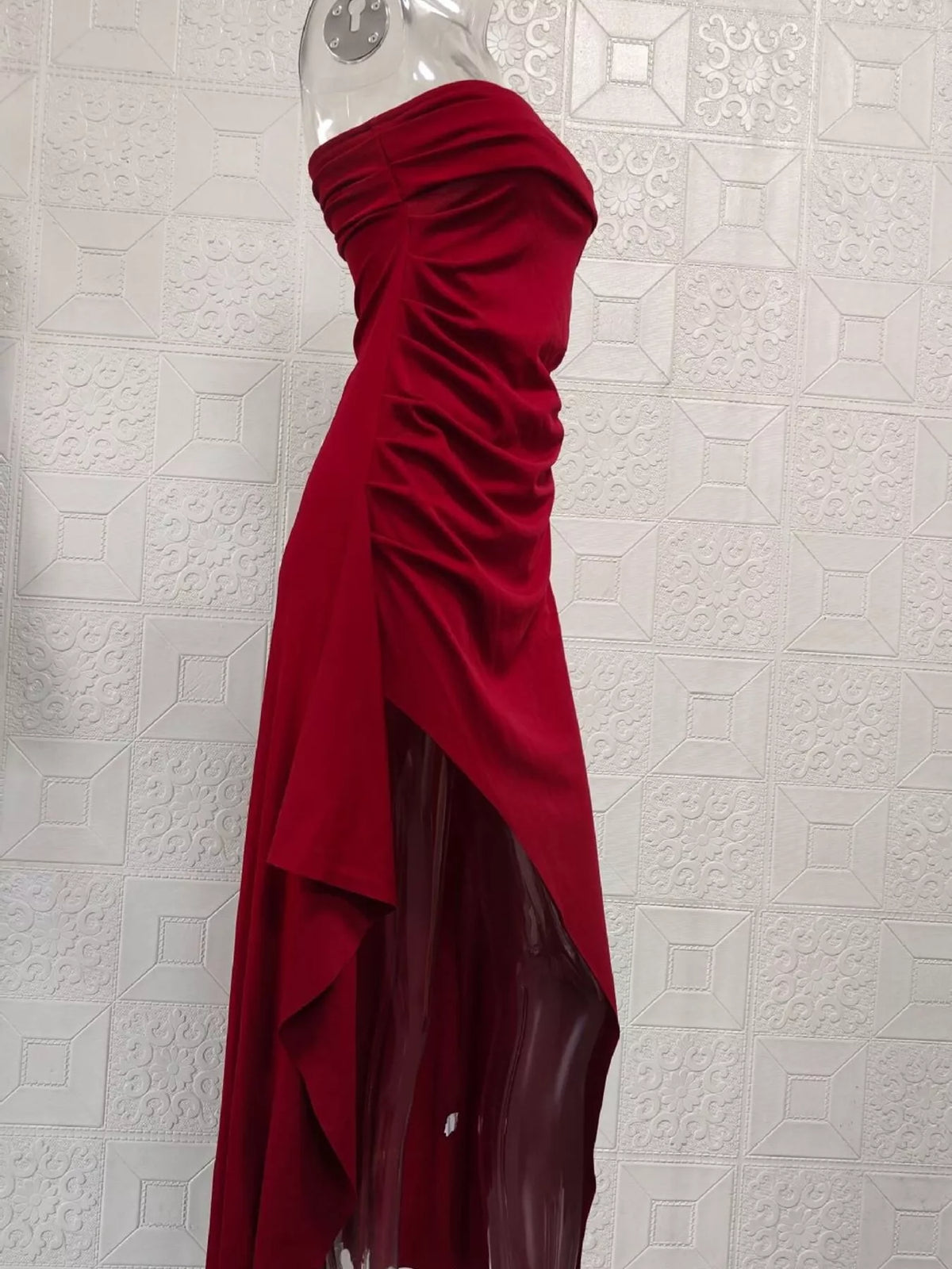 Strapless Ruffled High-Slit Maxi Dress