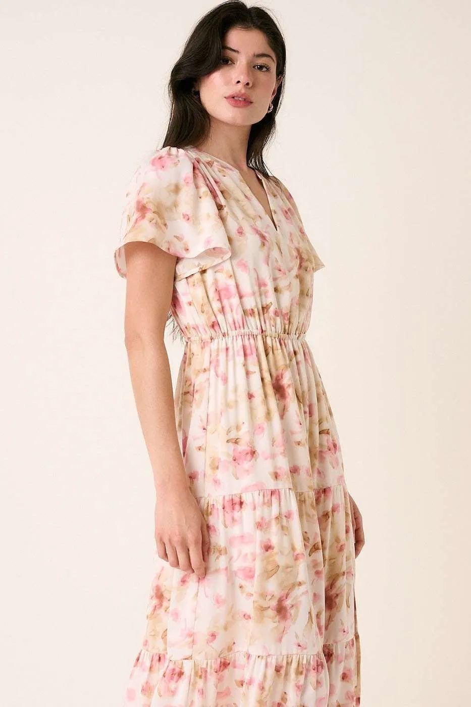 Flower Print Flutter Sleeve Maxi Dress in Pink by Mittoshop