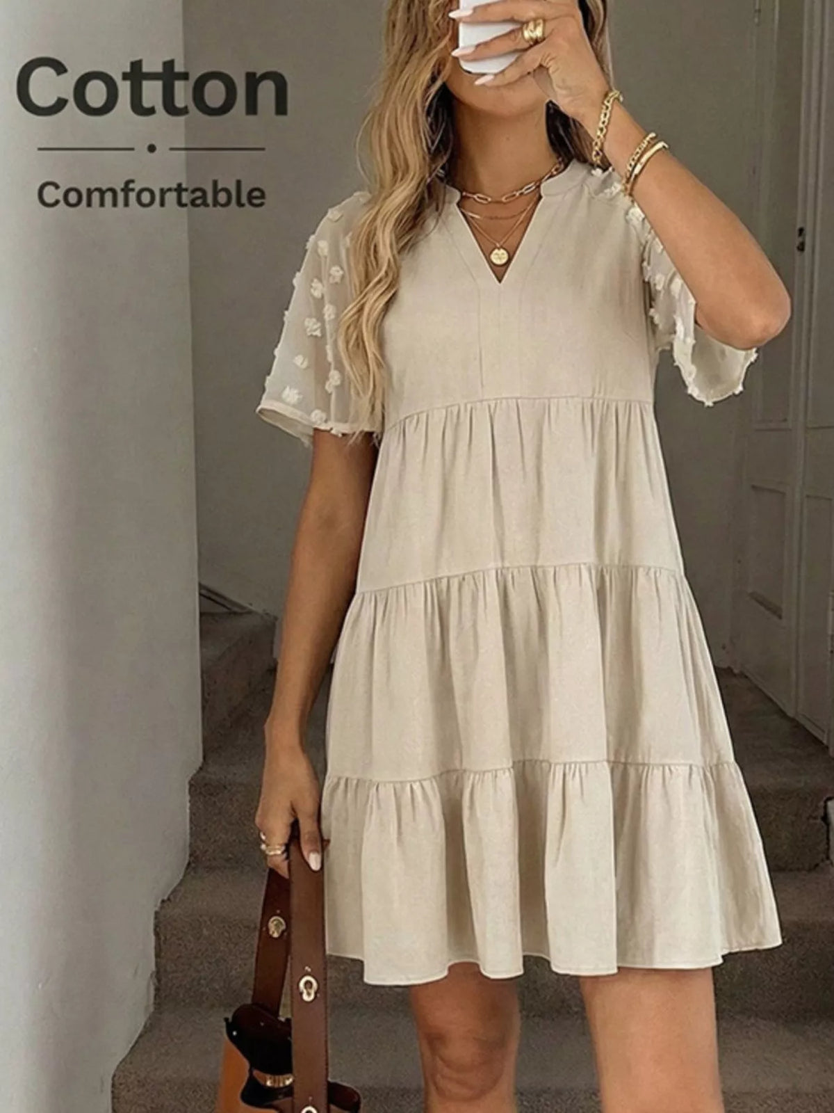 Swiss Dot Tiered Mini Dress in Apricot