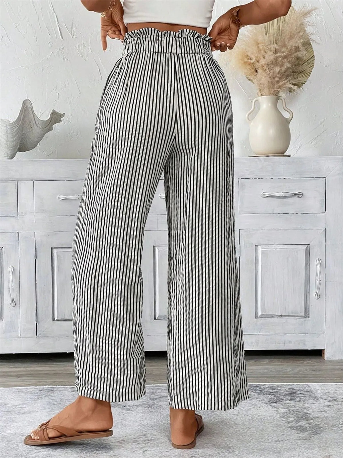 Striped Wide Leg Paper Bag Pants