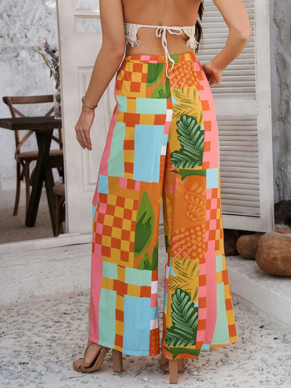 Drawstring Printed Wide Leg Pants