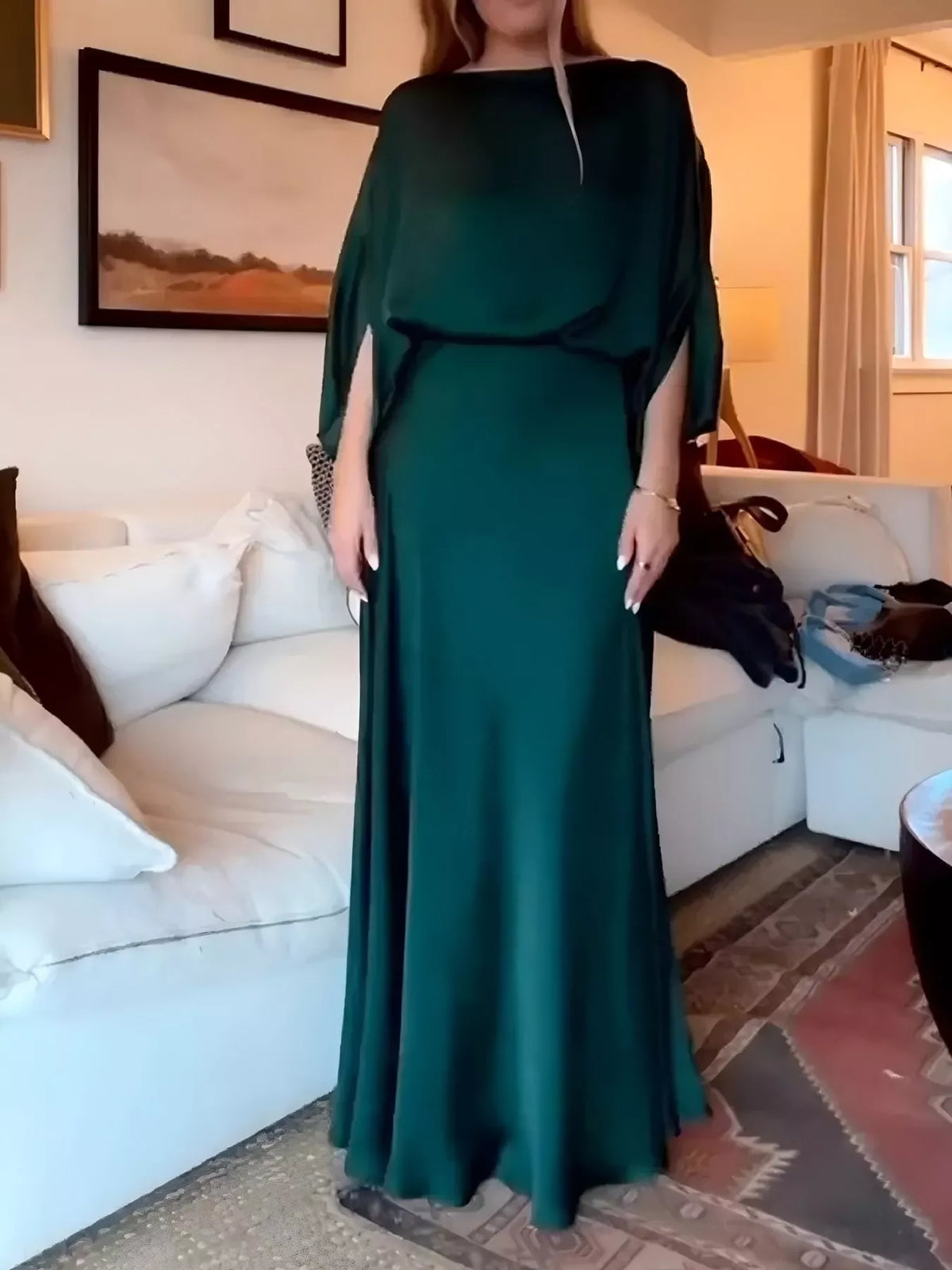 Satin Cape-Sleeve Maxi Dress