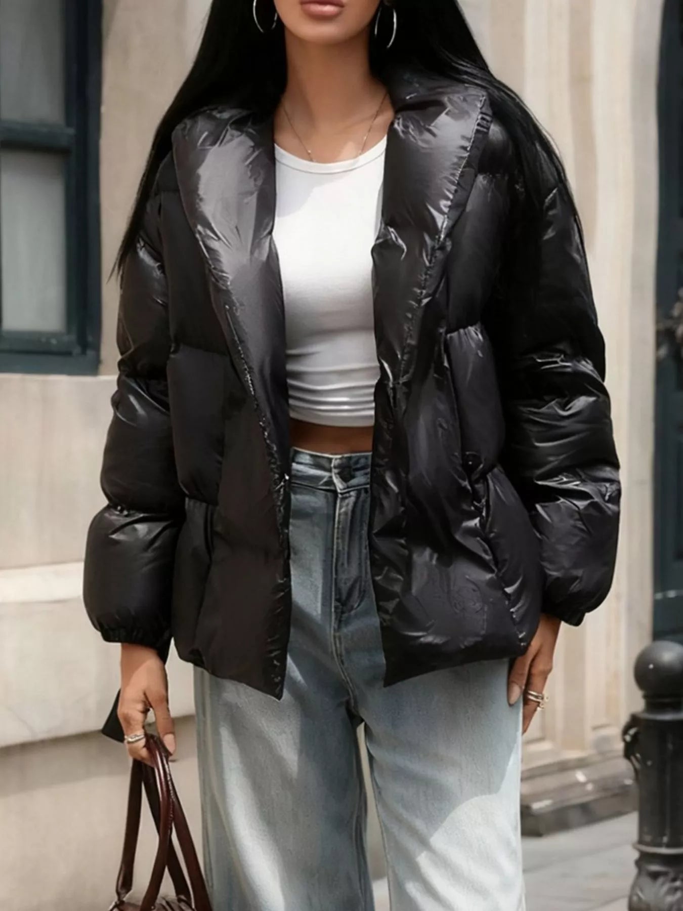 Long Sleeve Belted Puffer Jacket in Black