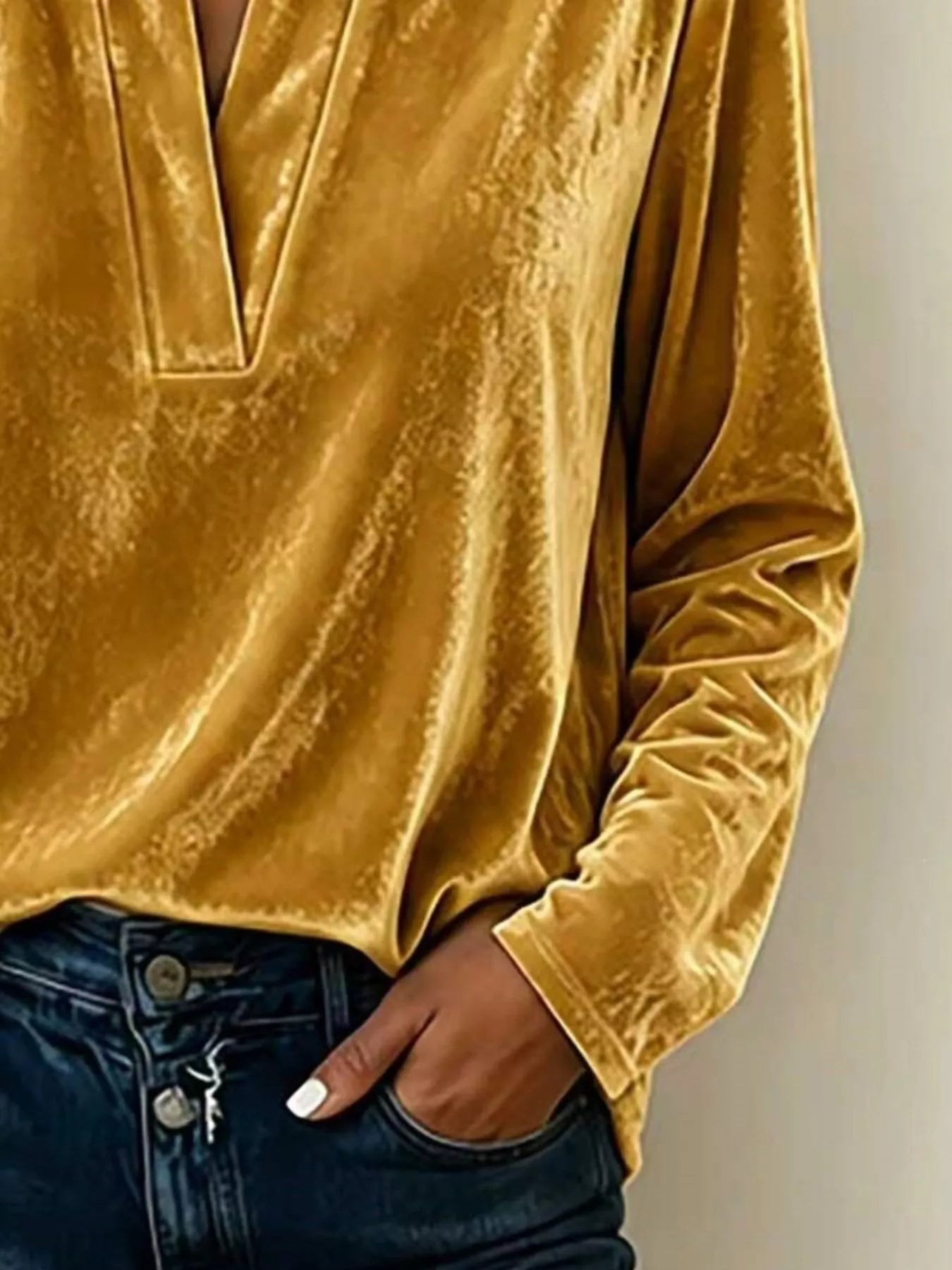 Velvet Notched Long Sleeve Blouse