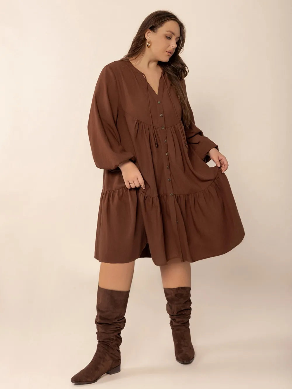 Plus Size Tie-Neck Tiered Dress in Brown