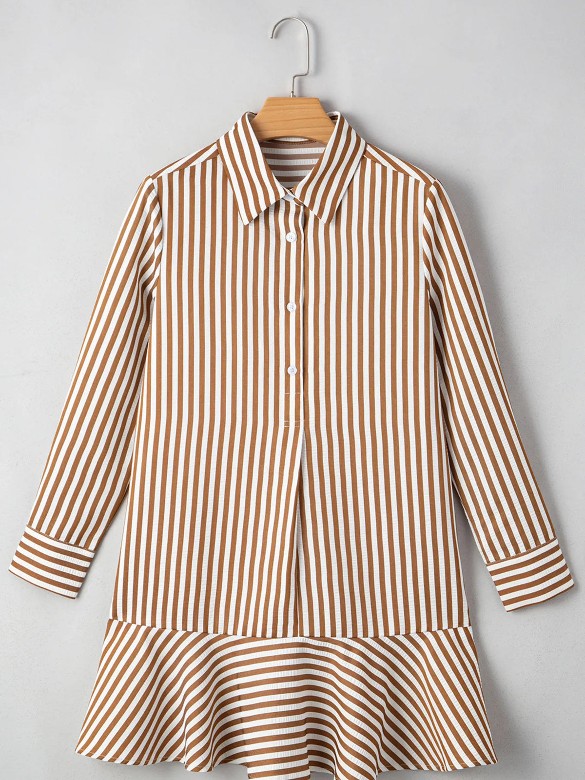Collared Long Sleeve Mini Shirt Dress in Brown Stripe