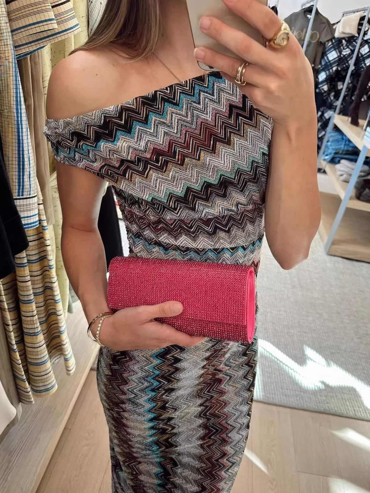 One-Shoulder Zigzag Knit Maxi Dress in Multicolor
