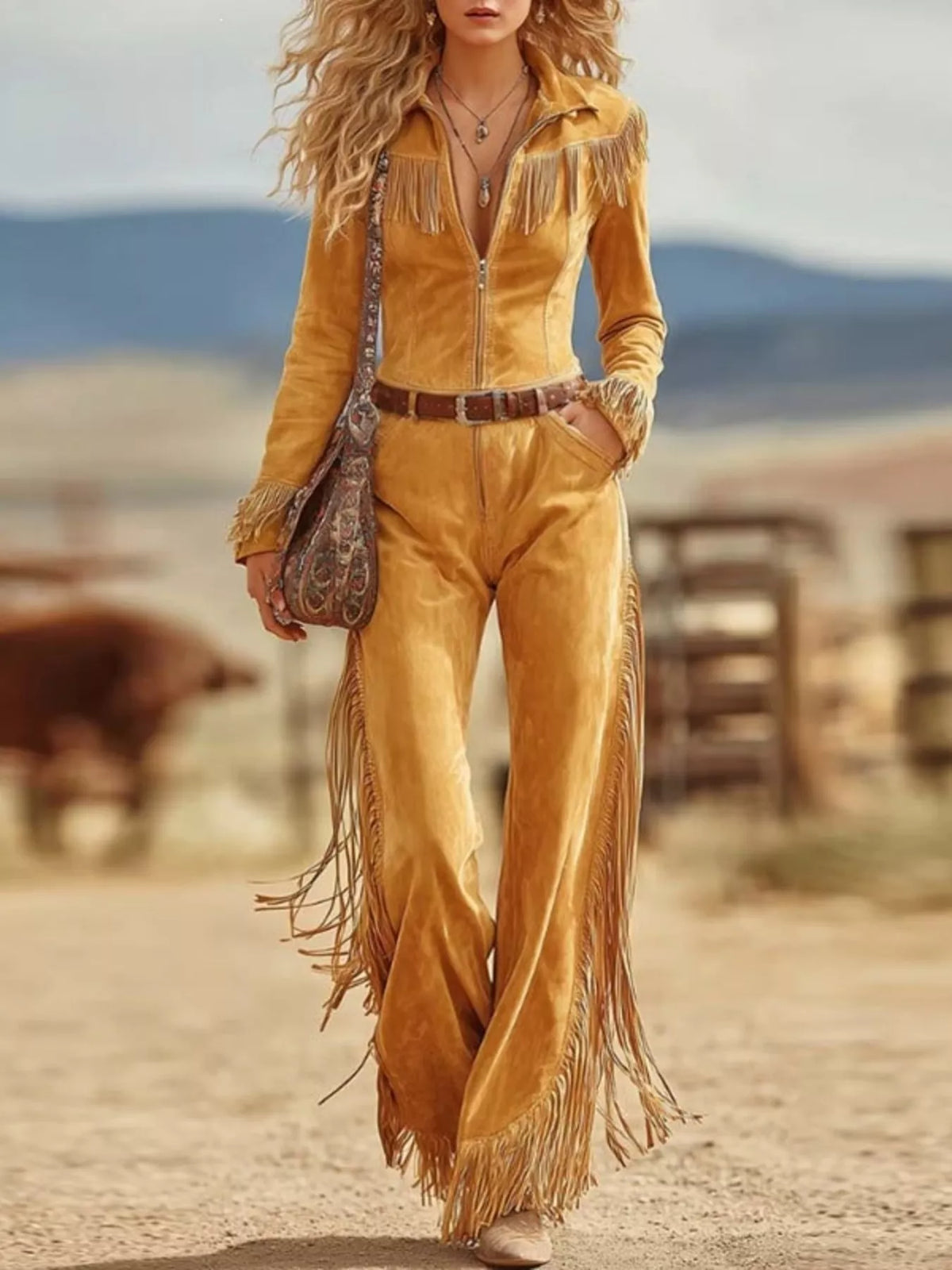 Western Fringe Jumpsuit with Zipper Front