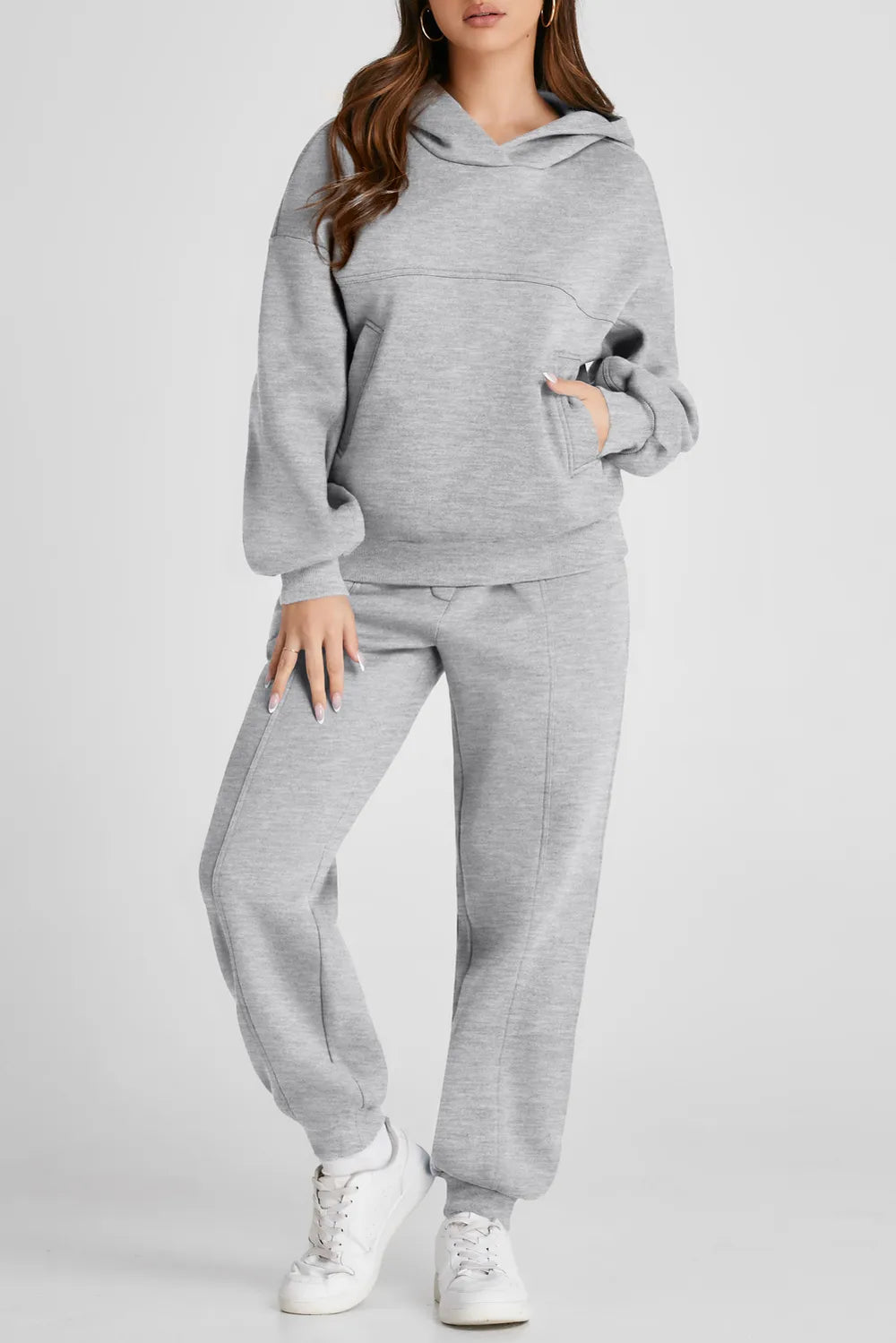 Dropped-Shoulder Hoodie and Pants Active Set in Gray