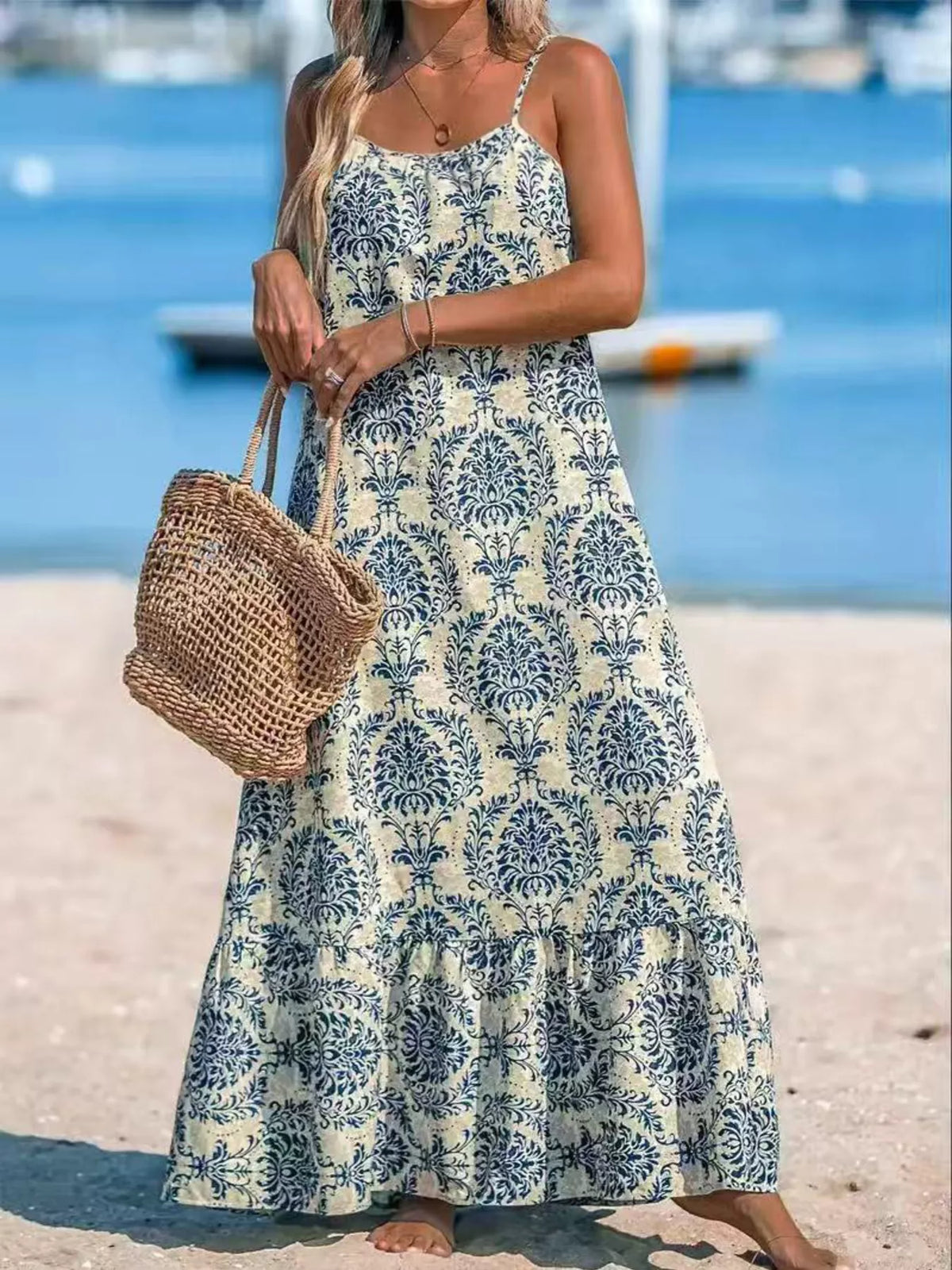 Damask Print Spaghetti Strap Maxi Dress in Sky Blue