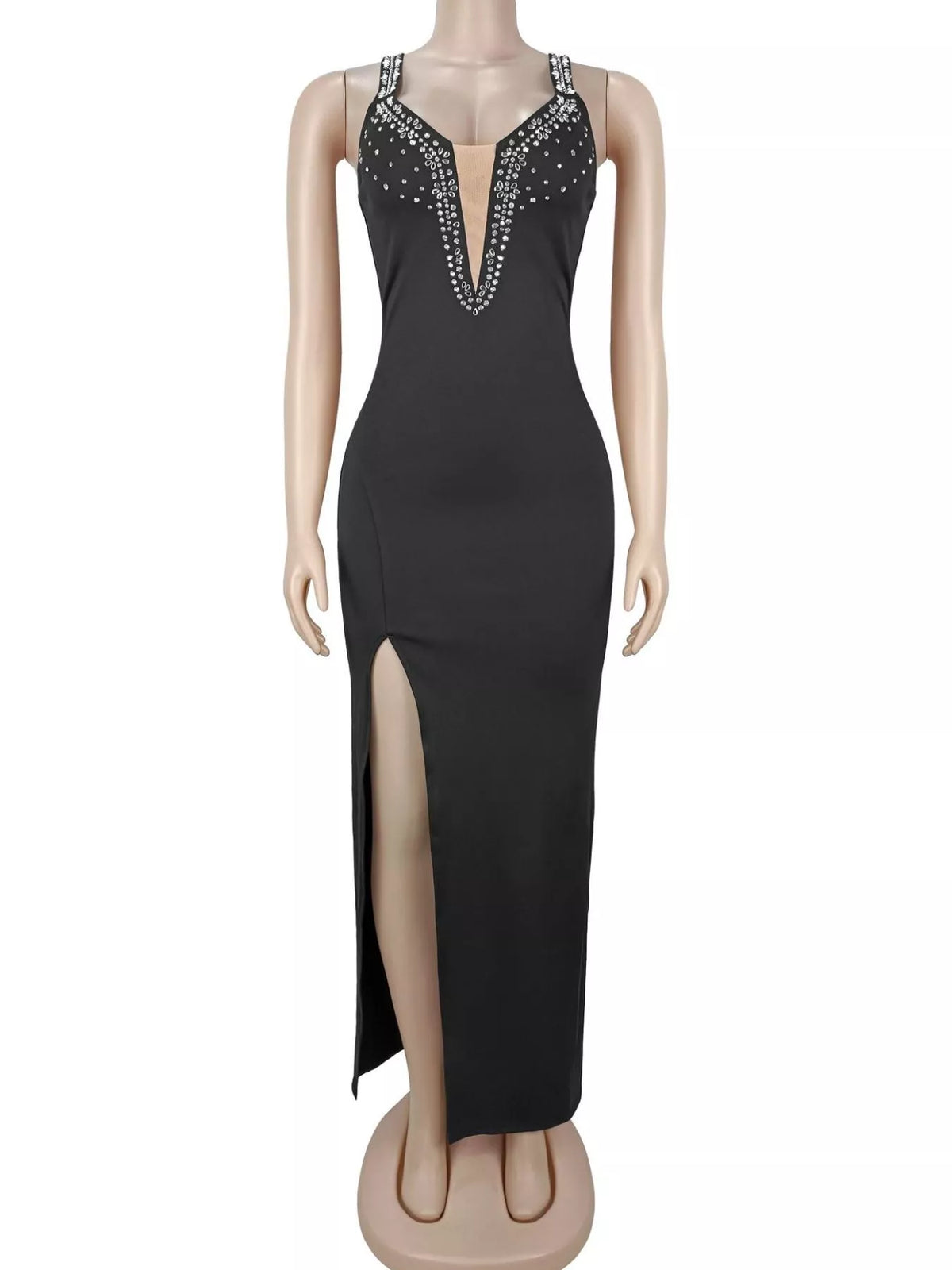 Rhinestone Cutout Back High Slit Maxi Dress in Black