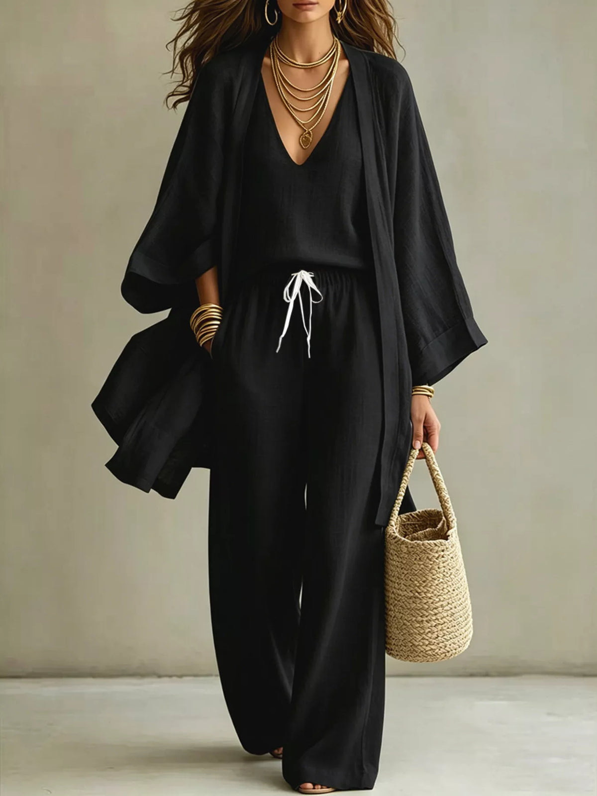 V-Neck Top, Cardigan and Pants Set