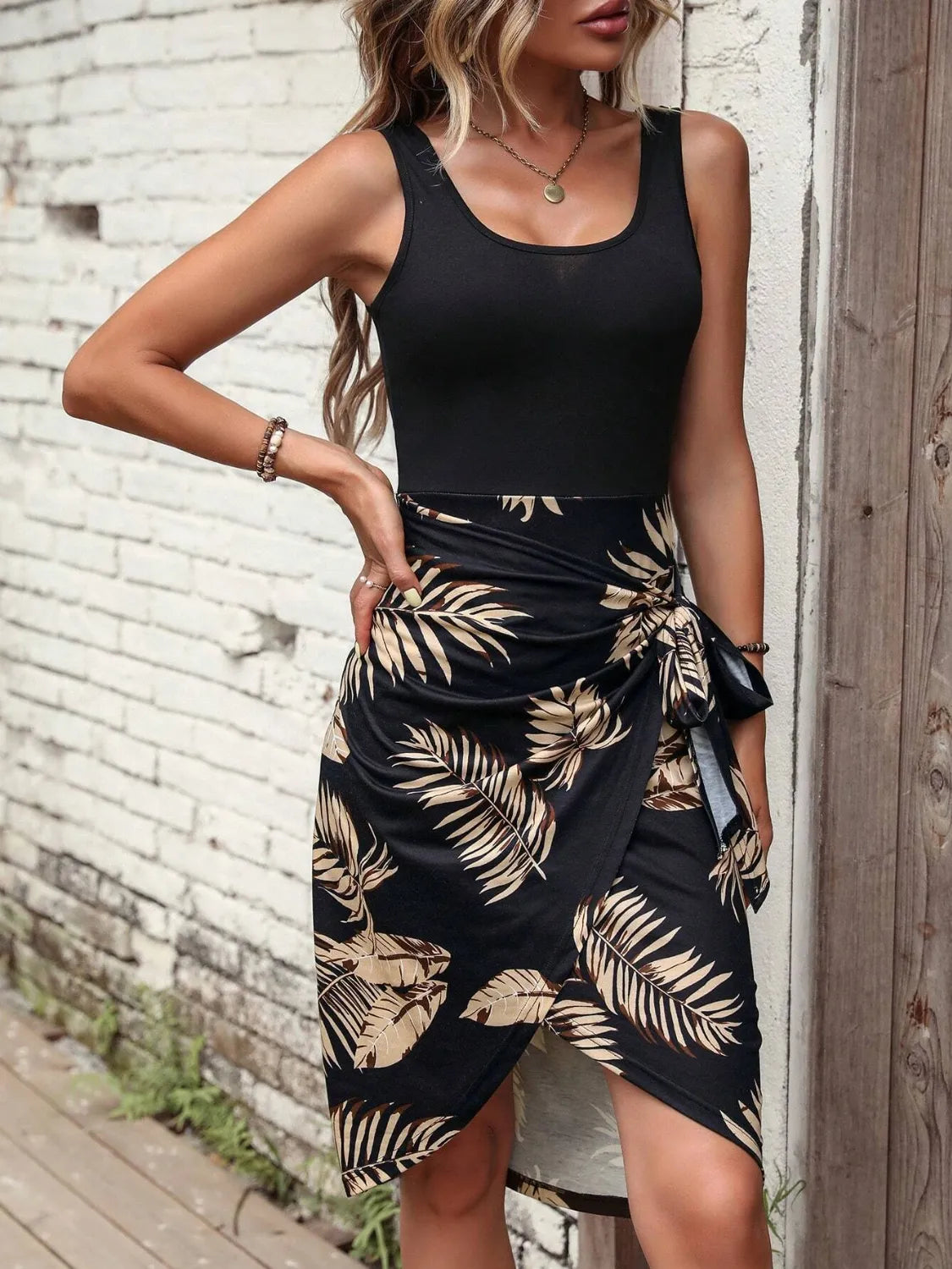 Printed Wide Strap Tied Tank Dress