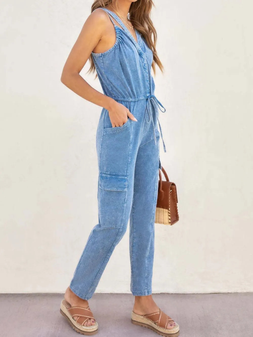 V-Neck Denim Jumpsuit in Medium Wash by Y.Y@Denim