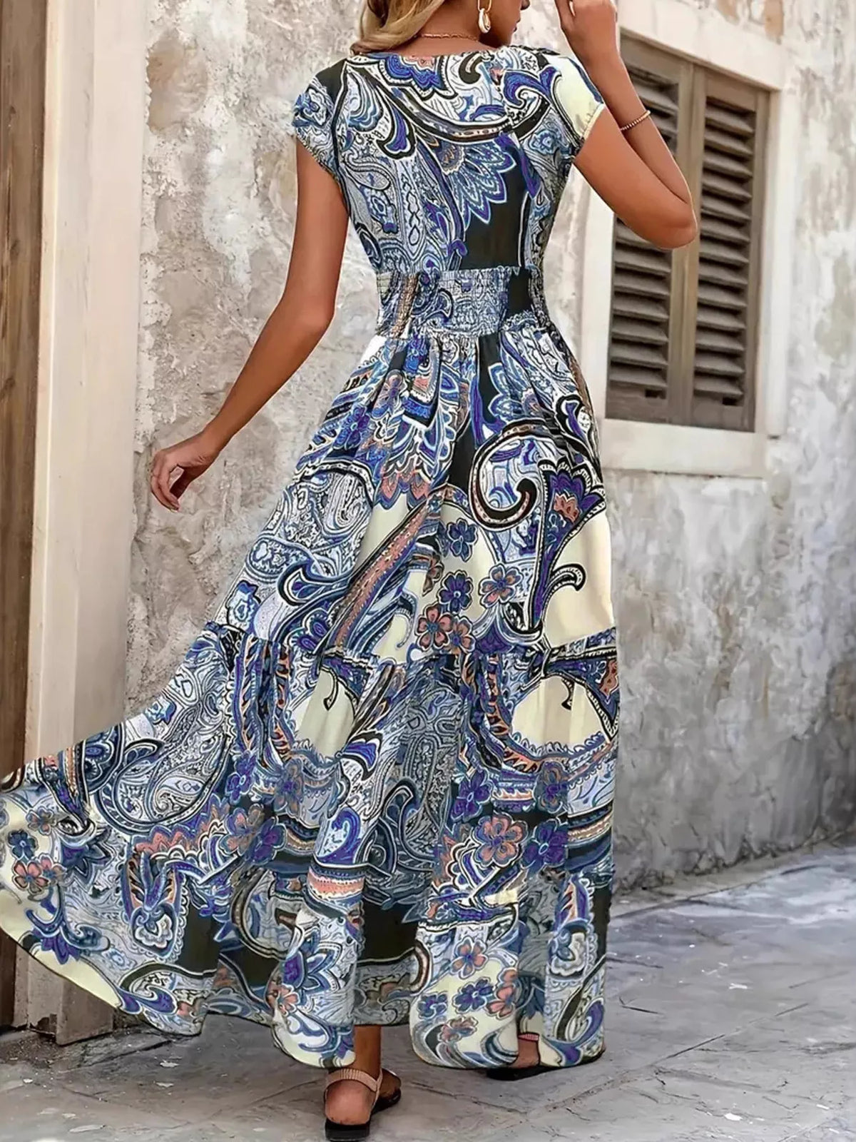 Floral V-Neck Cap Sleeve Maxi Dress