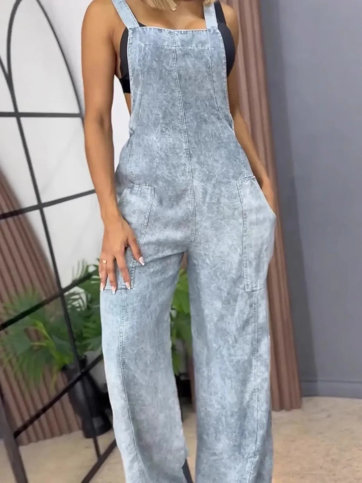 Full Size Wide Leg Washed Denim Overalls