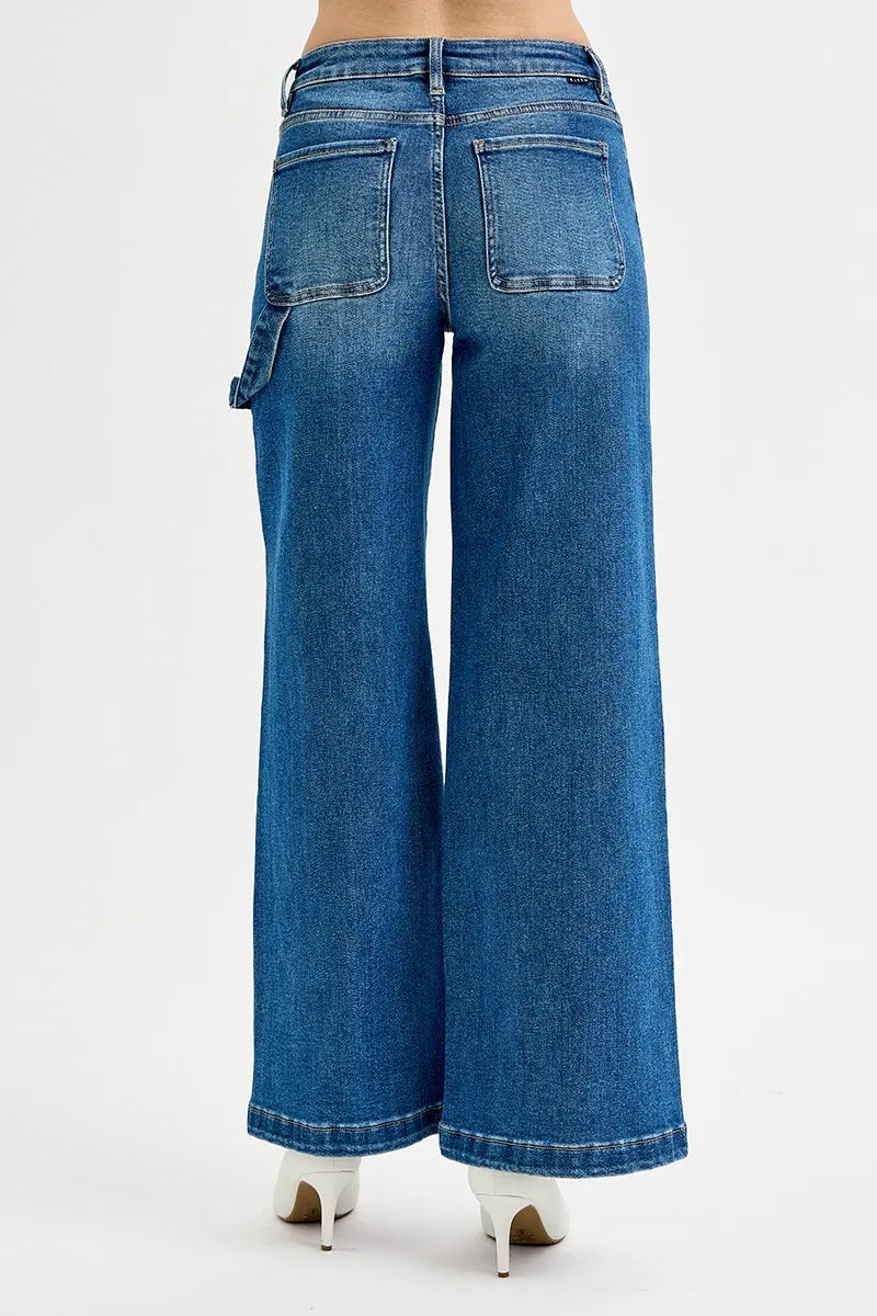 Risen High Rise Wide Leg Jeans with Patch Detail in Dark Wash