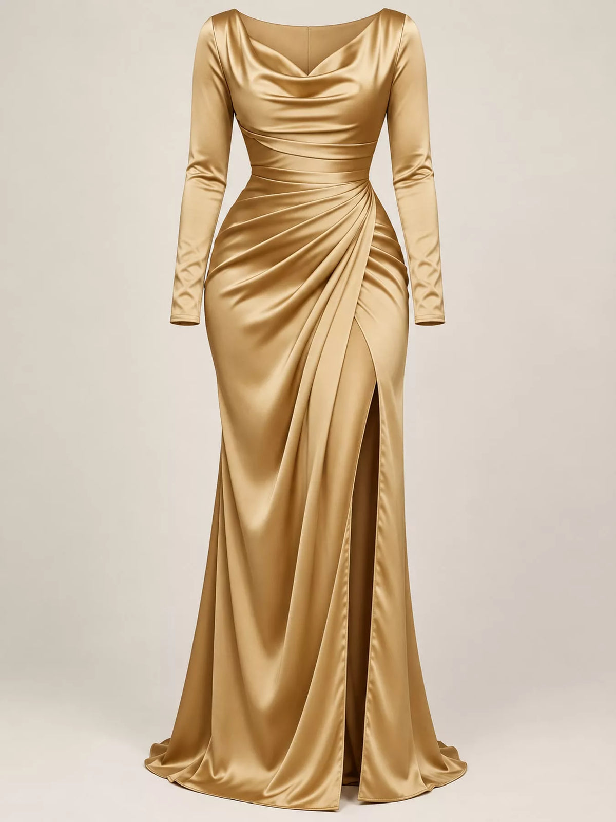 Satin Cowl Neck High Slit Evening Maxi Dress in Black