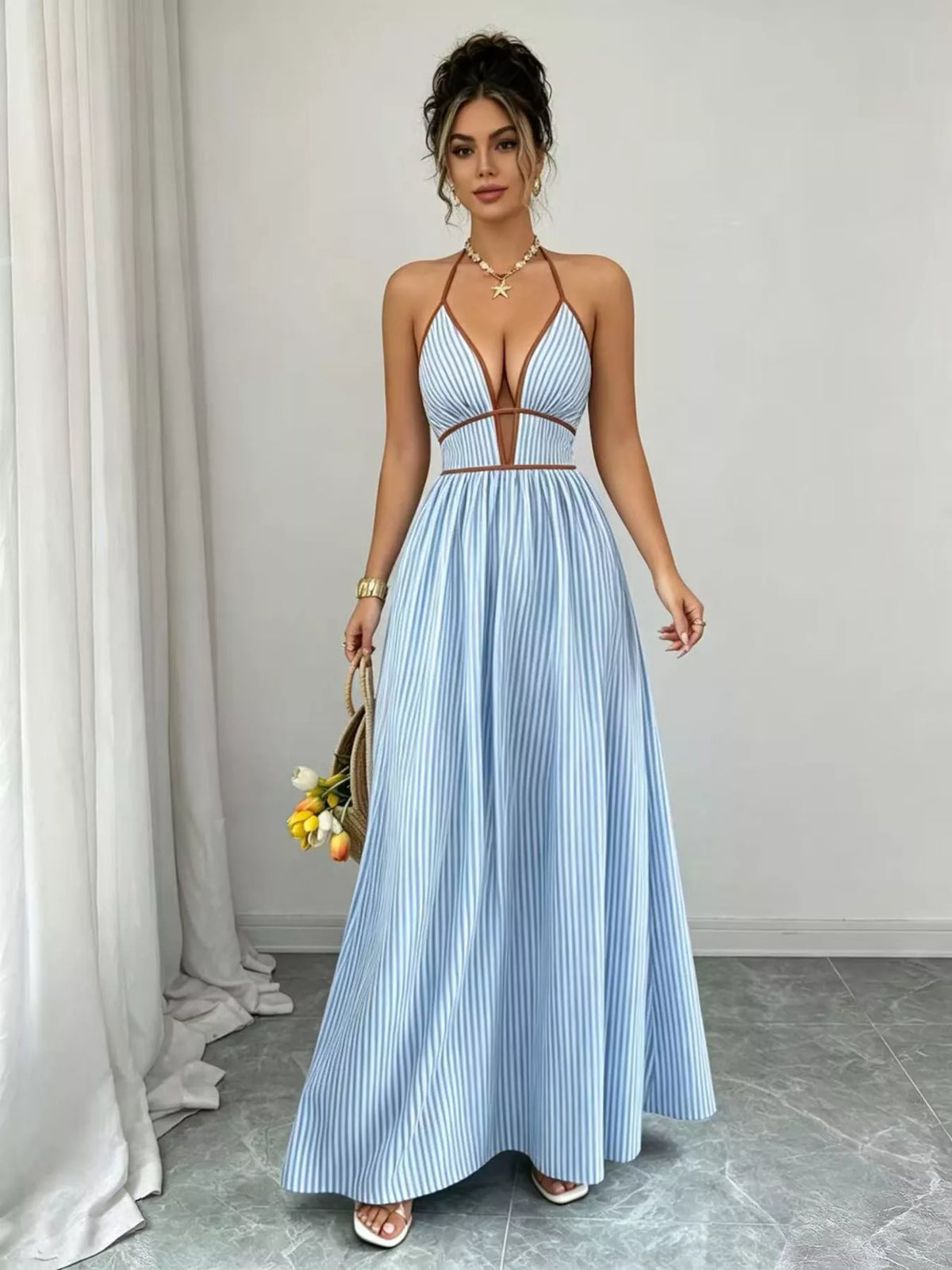 Striped Smocked Halter Neck Maxi Dress