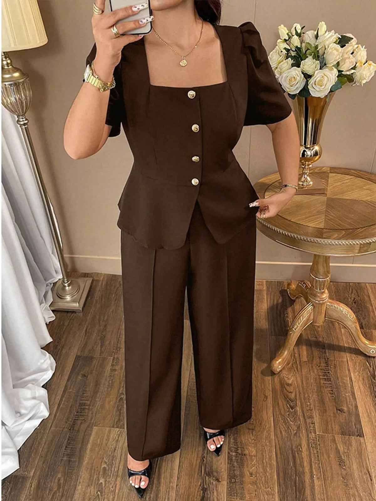 Peplum Top and Wide-Leg Pants Two-Piece Set