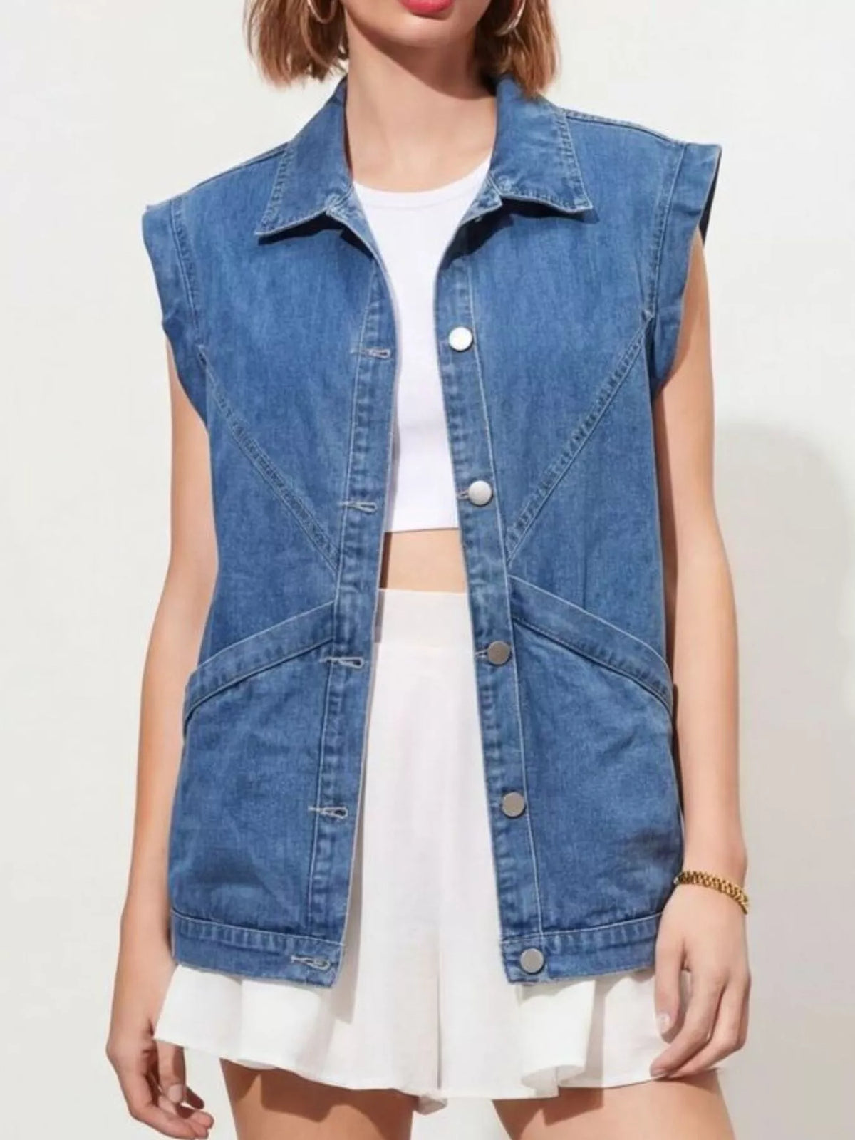 Button-Front Denim Vest in Blue