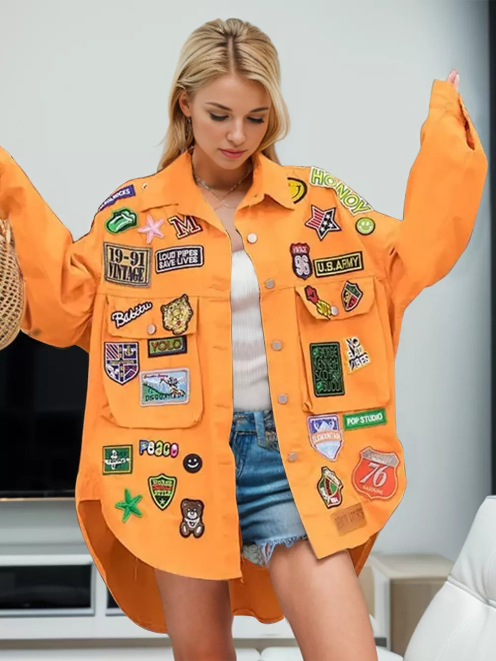 Embroidered Patch Button-Up Denim Jacket