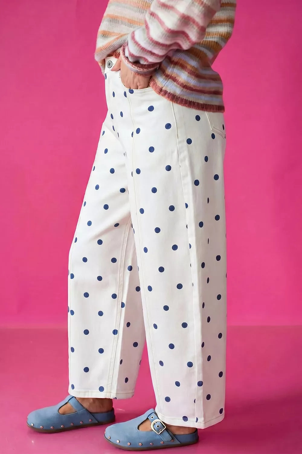 Polka Dot Wide-Leg Jeans in Light Blue