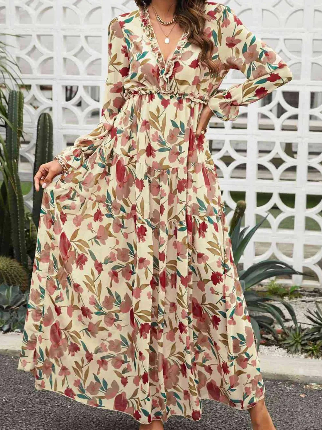 Frill V-Neck Flounce Sleeve Dress in Burnt Coral