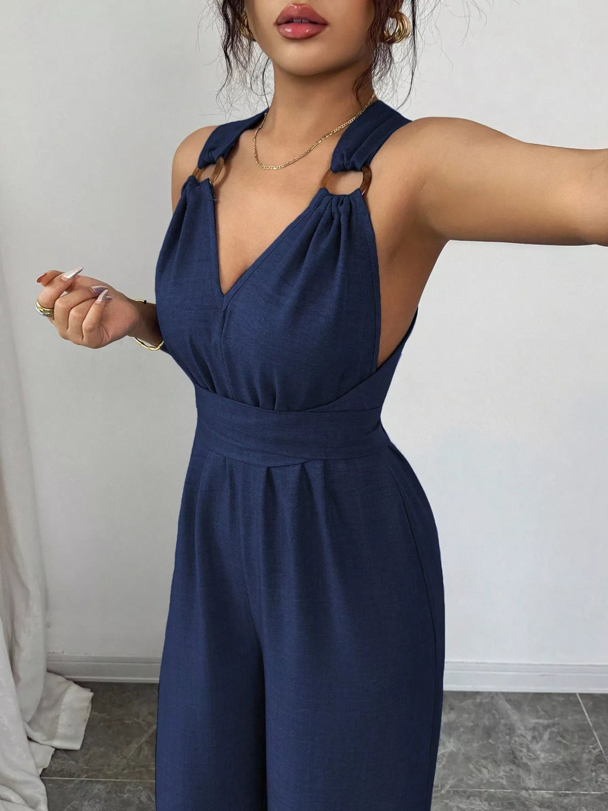 Sleeveless V-Neck Wide-Leg Jumpsuit with O-Ring Detail