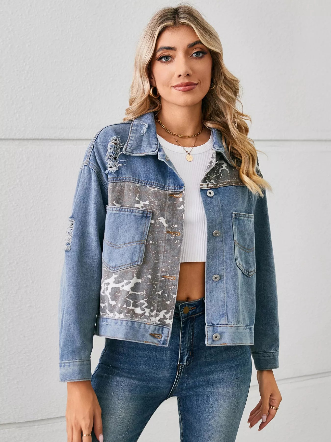 Snake Print Button-Up Denim Jacket by Moni Wear
