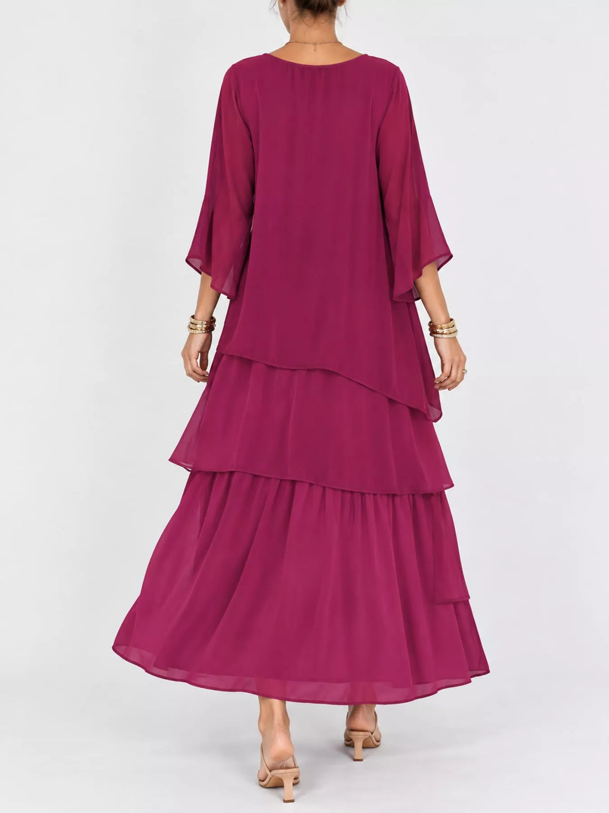 Layered Batwing-Sleeve Tiered Maxi Dress