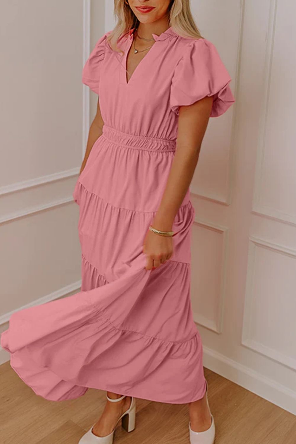 Ruffled Tiered Puff Sleeve Maxi Dress